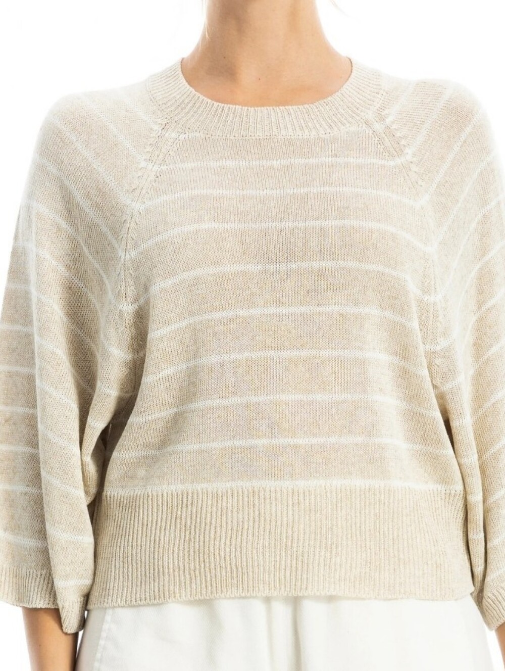 Max Studio Beige and Cream Striped Crewneck Sweater